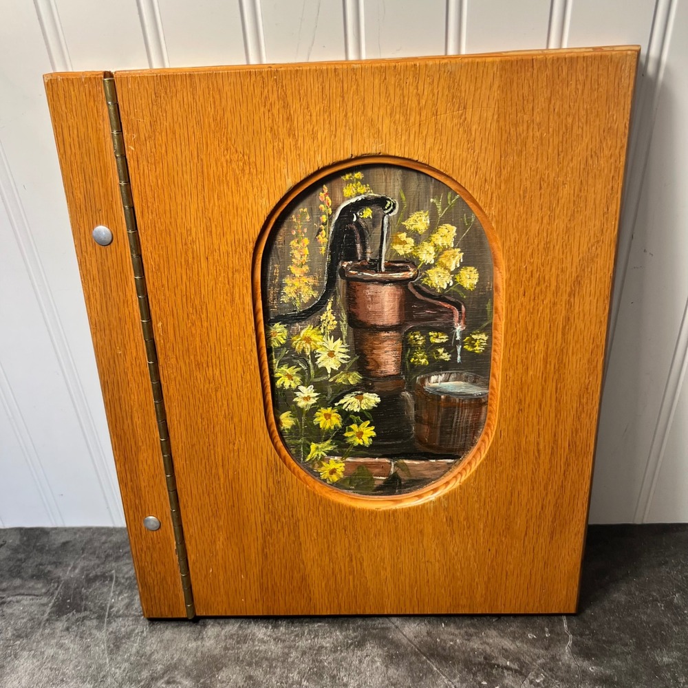 Vintage Hand-Painted Wooden Photo Album Scrapbook | Water Pump | Cottage